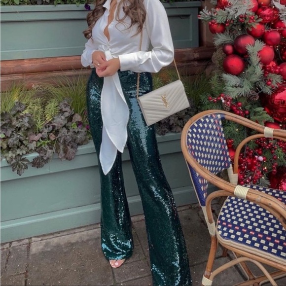 ZARA NWT BLOGGER FAVE Emerald Green Sequin Flare Leg Pants Holiday Party Pants - Picture 9 of 17
